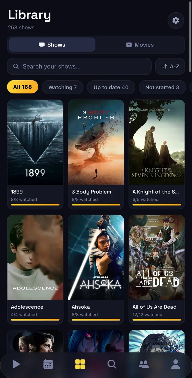 The Library screen: a poster grid of 253 shows with progress bars, a search field, and filters for Watching, Up to date and Not started.