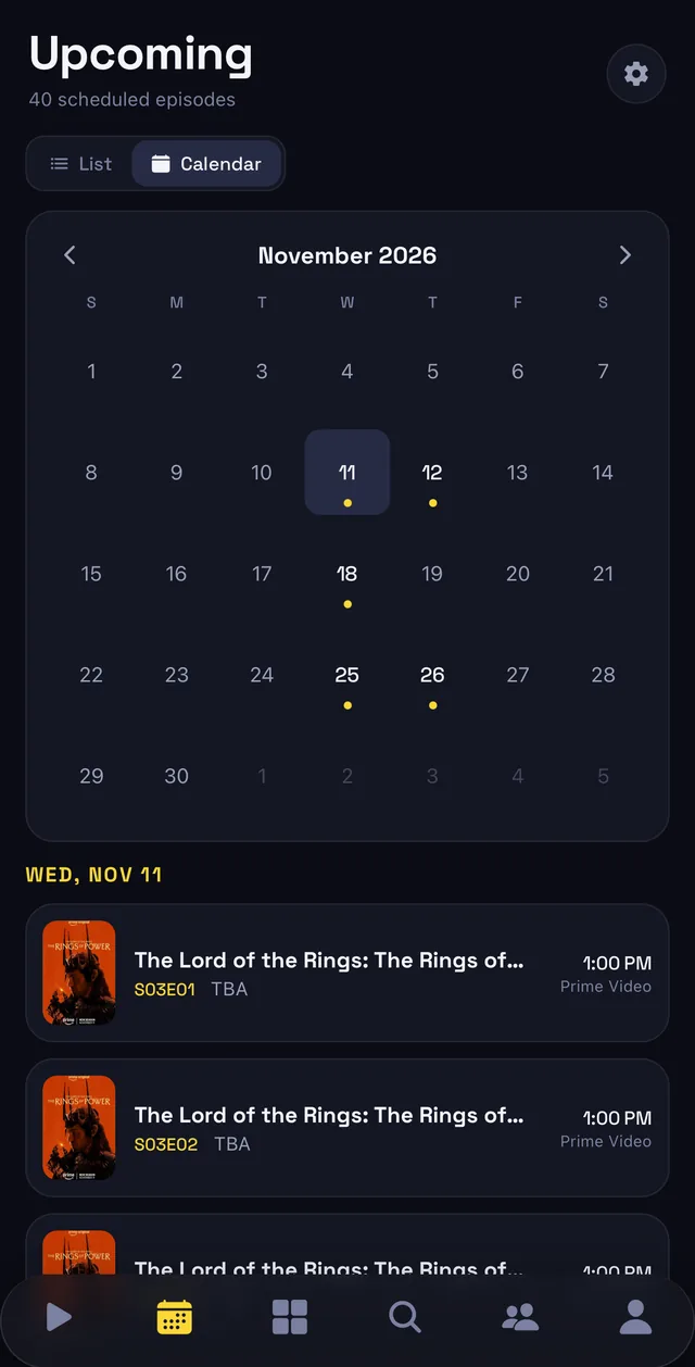 The Upcoming screen in calendar mode: a month grid with a dot on every day an episode airs, and the selected day's episode listed below with its air time and network.